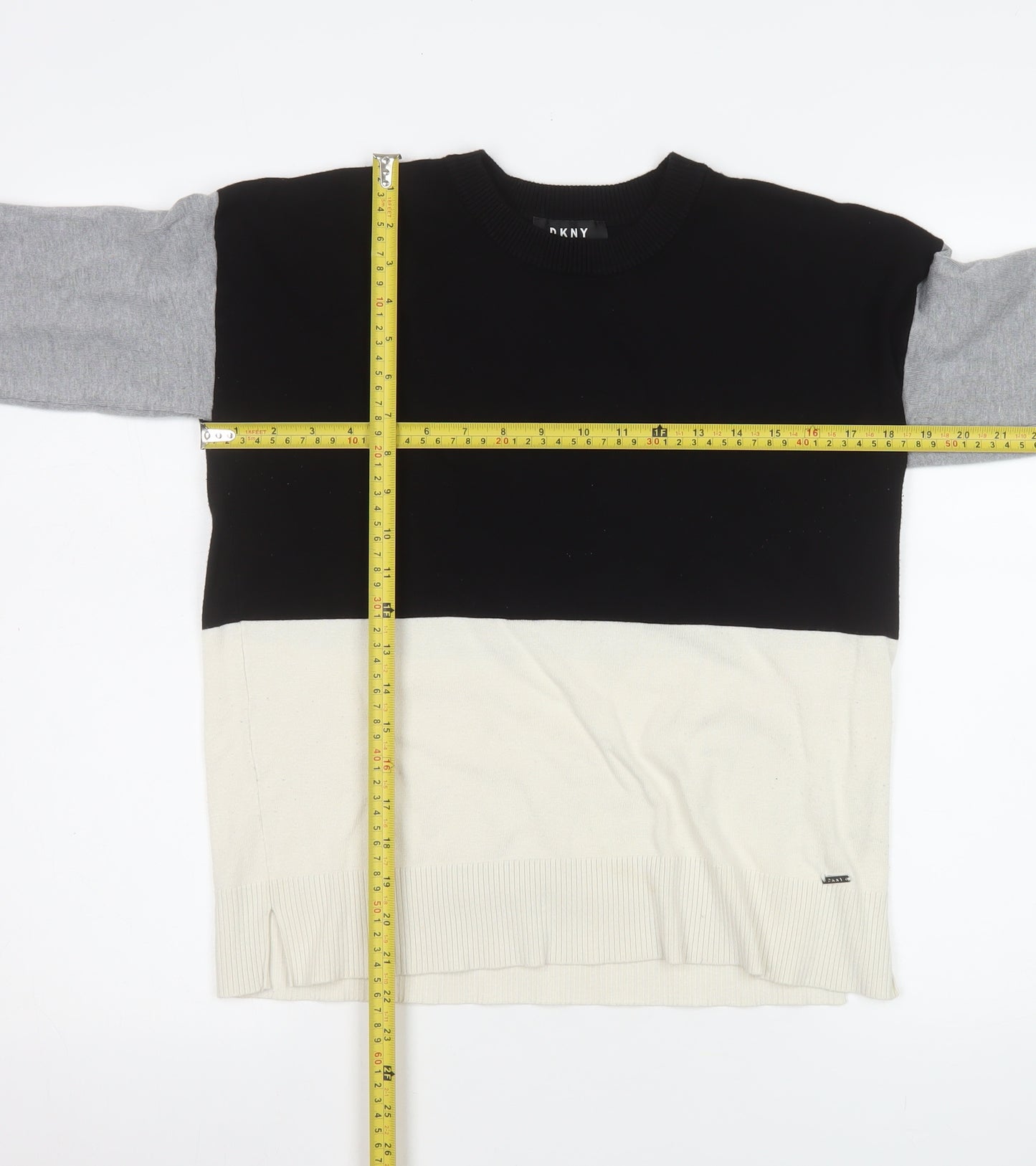 DKNY Men's Black Grey Colour Block Crew Neck Jumper Size S