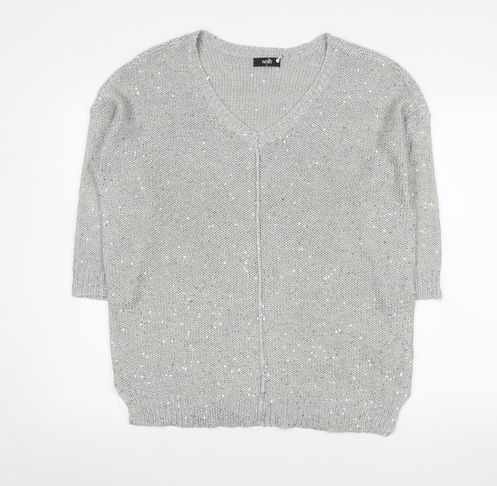 Wallis Women’s Grey Sequin V-Neck Pullover Jumper Size M