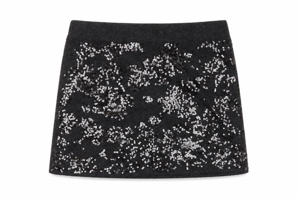 Front view of River Island Women's Grey Sequin Mini Skirt, size L, Party Wear