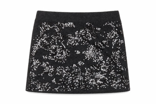 Front view of River Island Women's Grey Sequin Mini Skirt, size L, Party Wear
