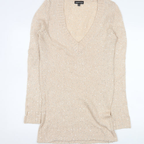 Warehouse Women’s Beige Sequin V-Neck Long Sleeve Pullover Jumper Size 12