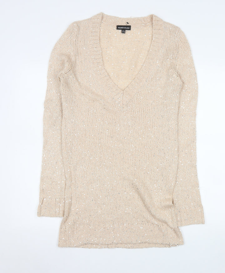 Warehouse Women’s Beige Sequin V-Neck Long Sleeve Pullover Jumper Size 12