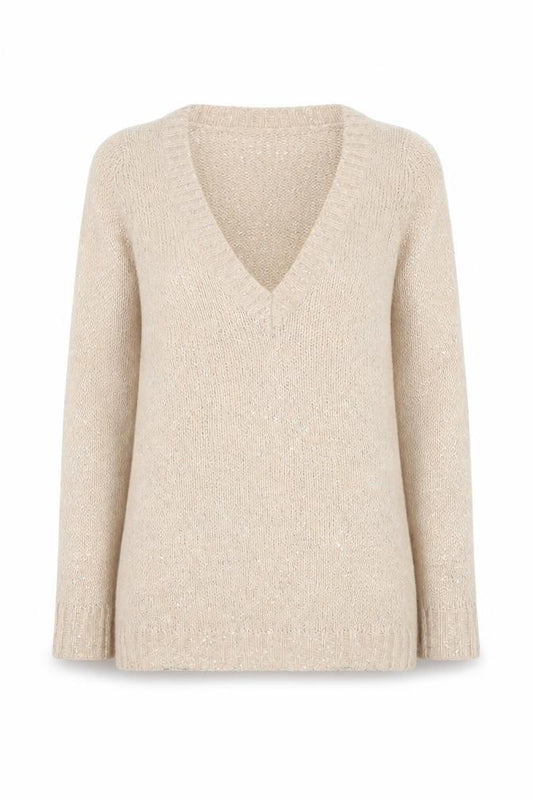 Front view of Warehouse Women’s Beige Sequin V-Neck Long Sleeve jumper, size UK 12