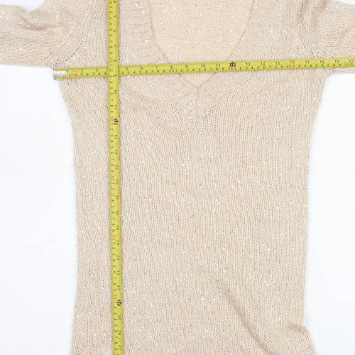 Warehouse Women’s Beige Sequin V-Neck Long Sleeve Pullover Jumper Size 12