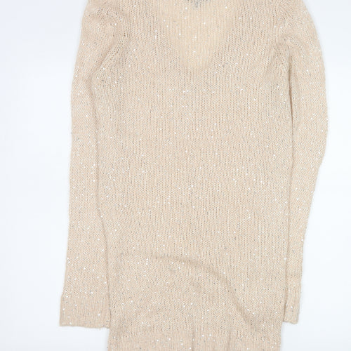 Warehouse Women’s Beige Sequin V-Neck Long Sleeve Pullover Jumper Size 12