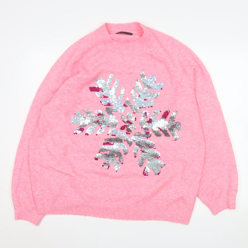 Marks and Spencer Women’s Pink Sequin Snowflake Jumper Size L Winter Pullover