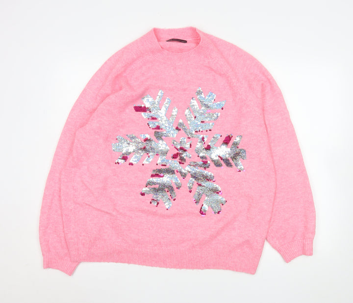 Marks and Spencer Women’s Pink Sequin Snowflake Jumper Size L Winter Pullover