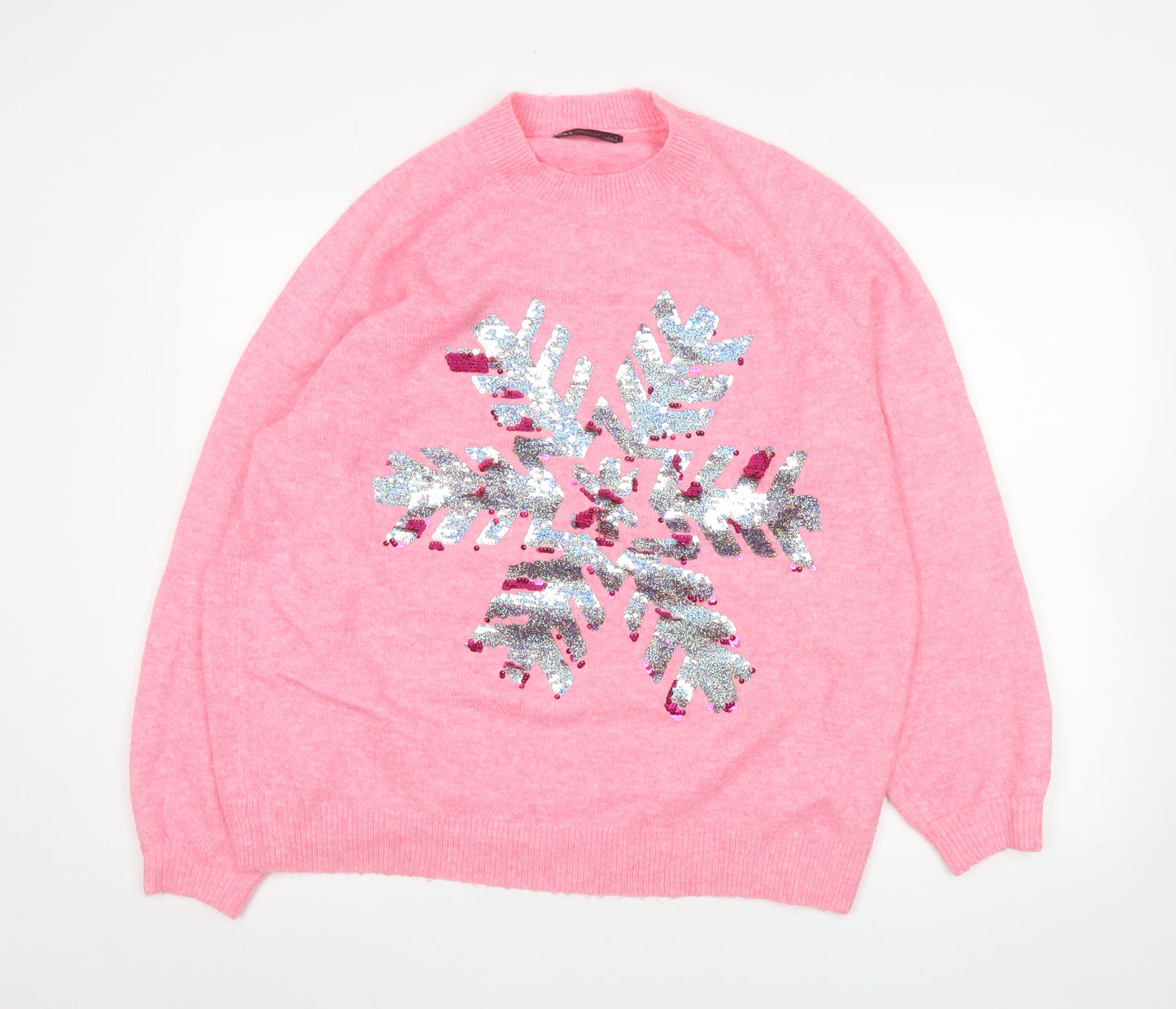 Marks and Spencer Women’s Pink Sequin Snowflake Jumper Size L Winter Pullover