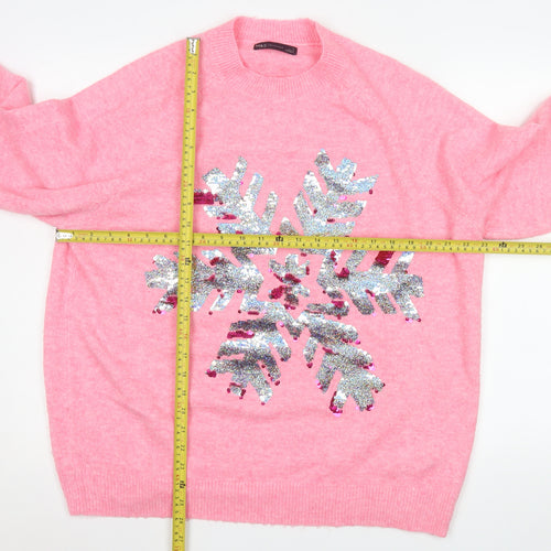 Marks and Spencer Women’s Pink Sequin Snowflake Jumper Size L Winter Pullover