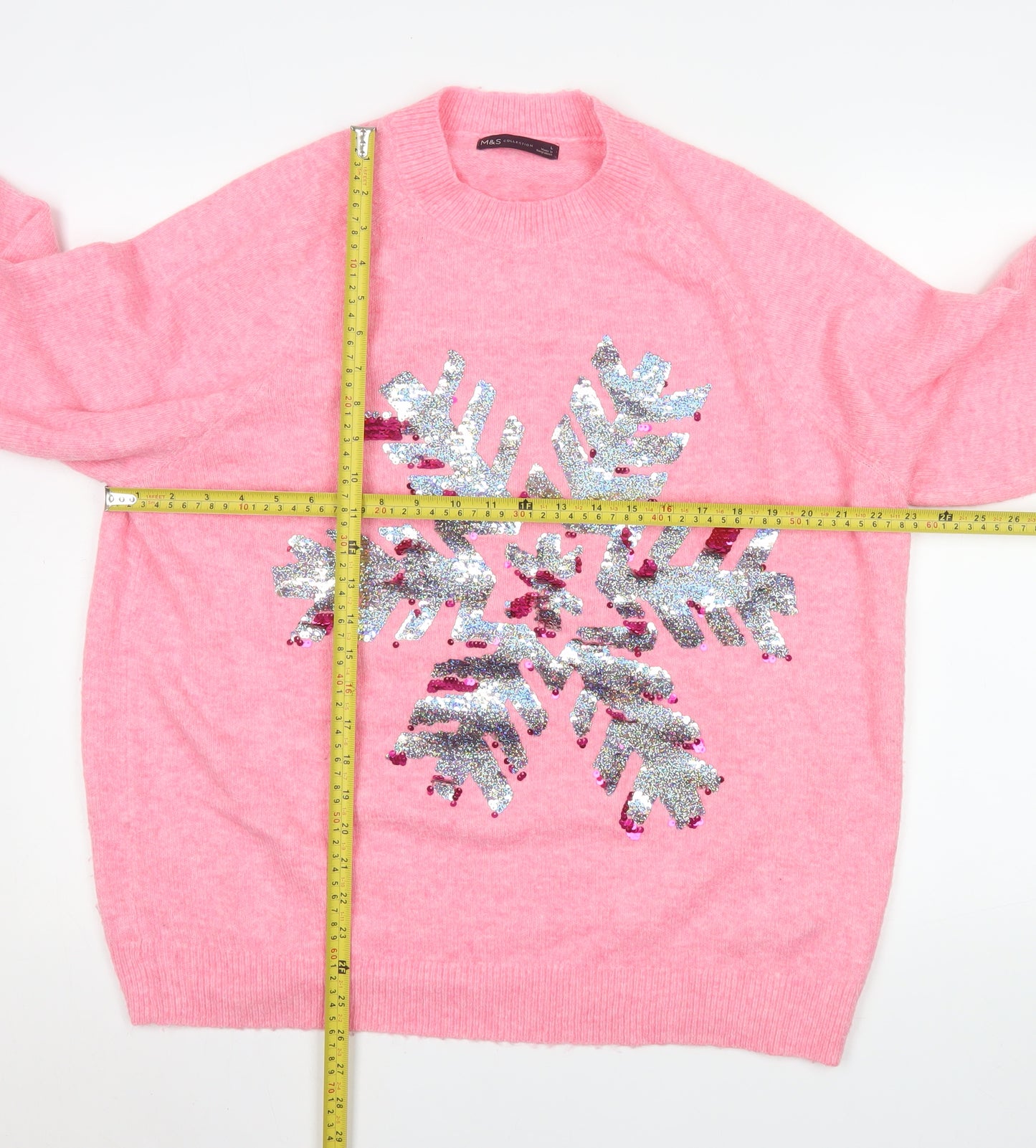 Marks and Spencer Women’s Pink Sequin Snowflake Jumper Size L Winter Pullover