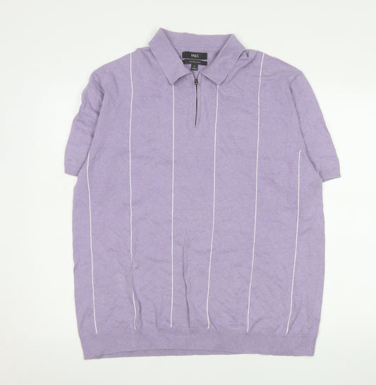Marks and Spencer Men’s Purple Cotton Polo Shirt XL Zip Neck