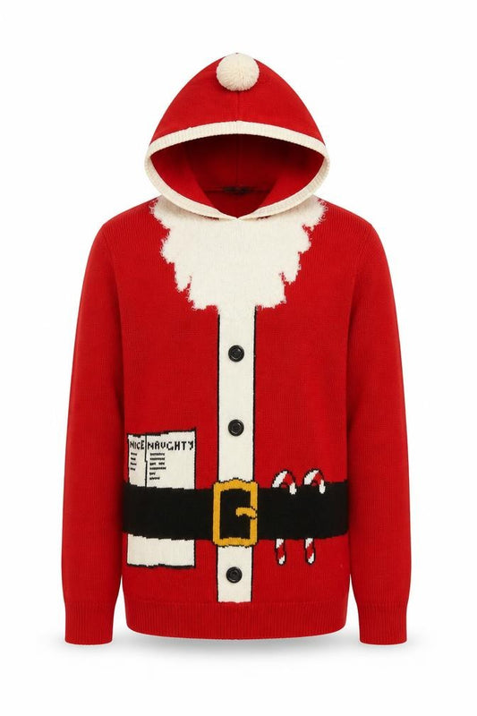 Front view of Next men’s red christmas hooded santa cardigan jumper, size M