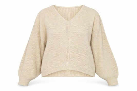 Front view of Nobody's Child Women's Beige V-Neck Ribbed Knit Jumper, size L
