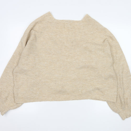 Nobody's Child Women's Beige V-Neck Ribbed Knit Jumper Size L