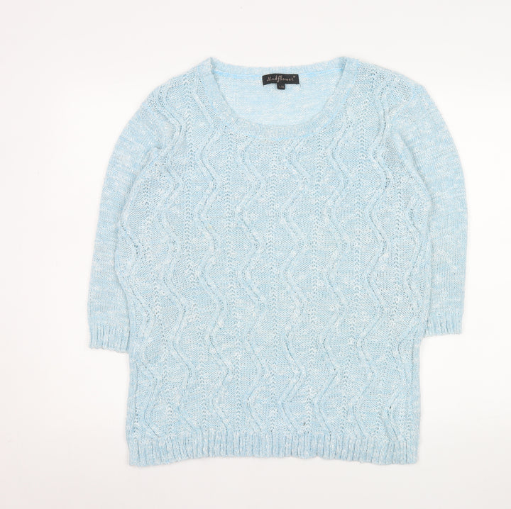 Mudflower Women’s Blue Cable Knit 3/4 Sleeve Cotton Jumper L/XL