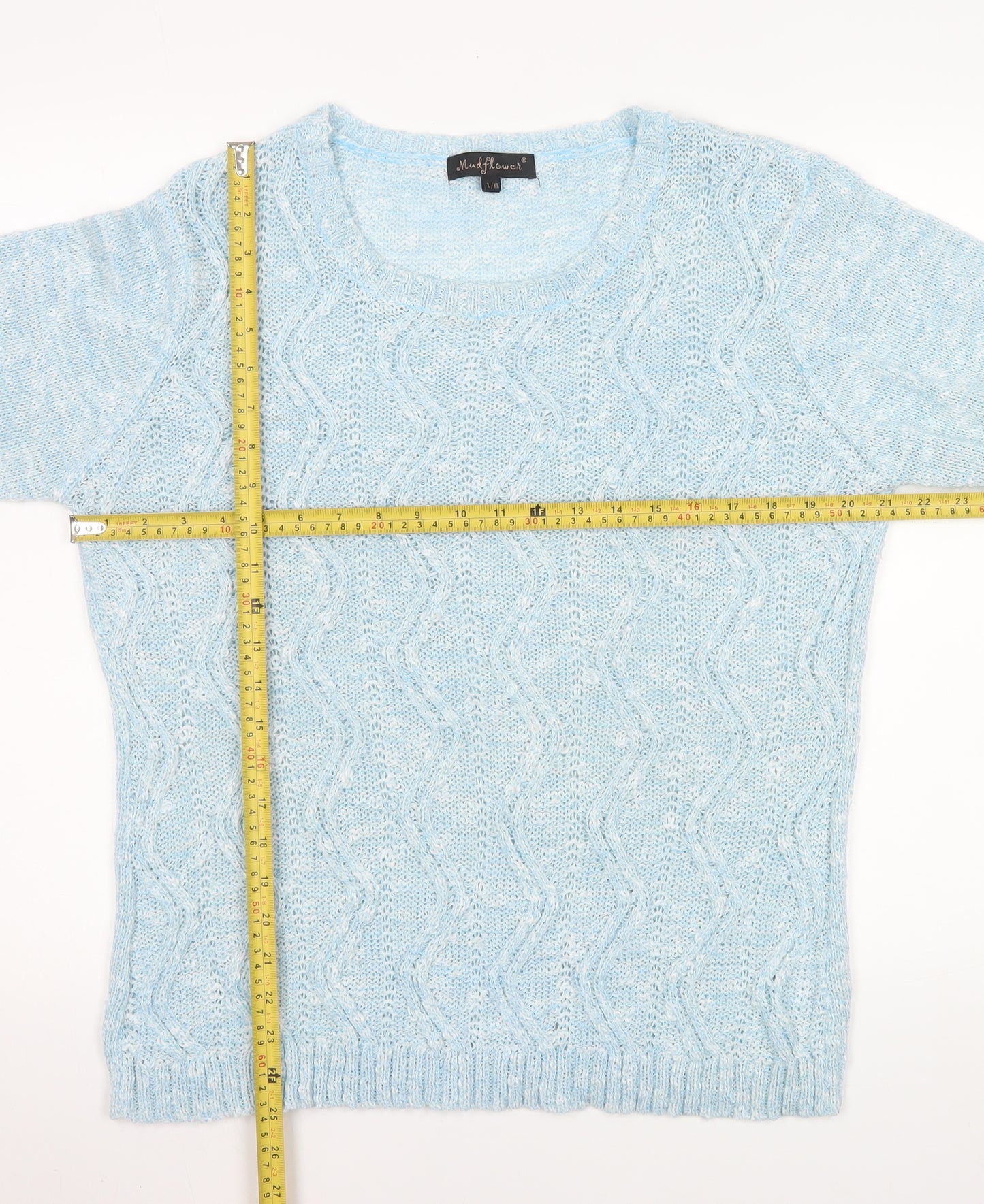 Mudflower Women’s Blue Cable Knit 3/4 Sleeve Cotton Jumper L/XL