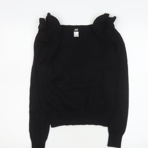 H&M Women Black Ruffle Shoulder Angora Knit Blouse Size S