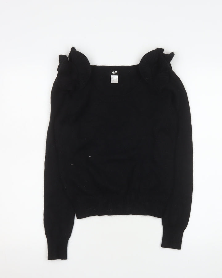 H&M Women Black Ruffle Shoulder Angora Knit Blouse Size S