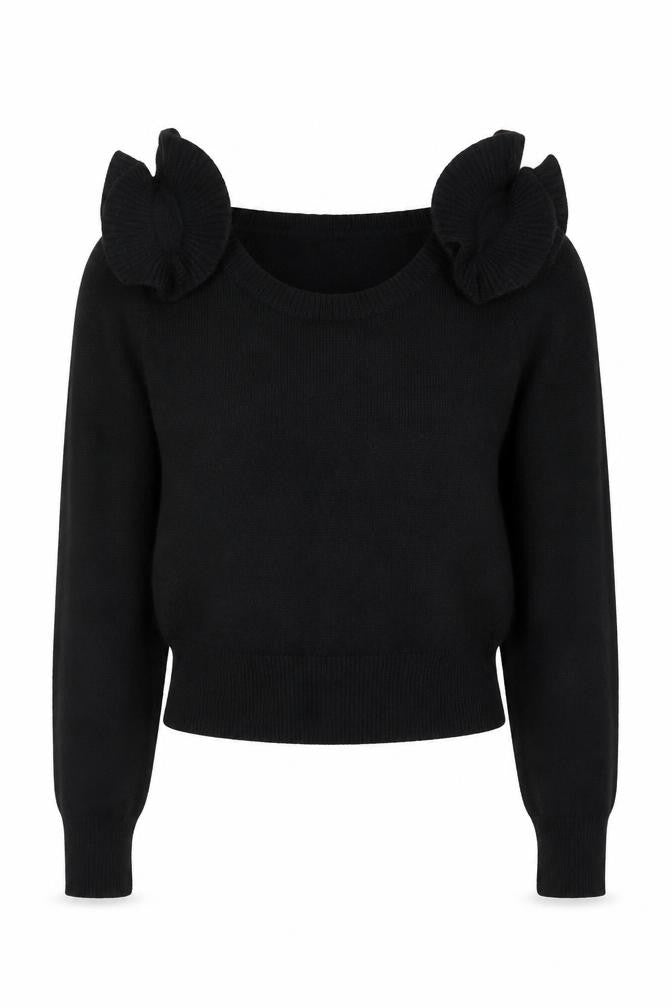 Front view of H&M Women Black Ruffle Shoulder Angora Knit Blouse, size S