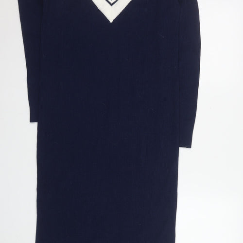 Kling Women Blue Size 12 Midi V-Neck Cotton Knit Sweater Dress