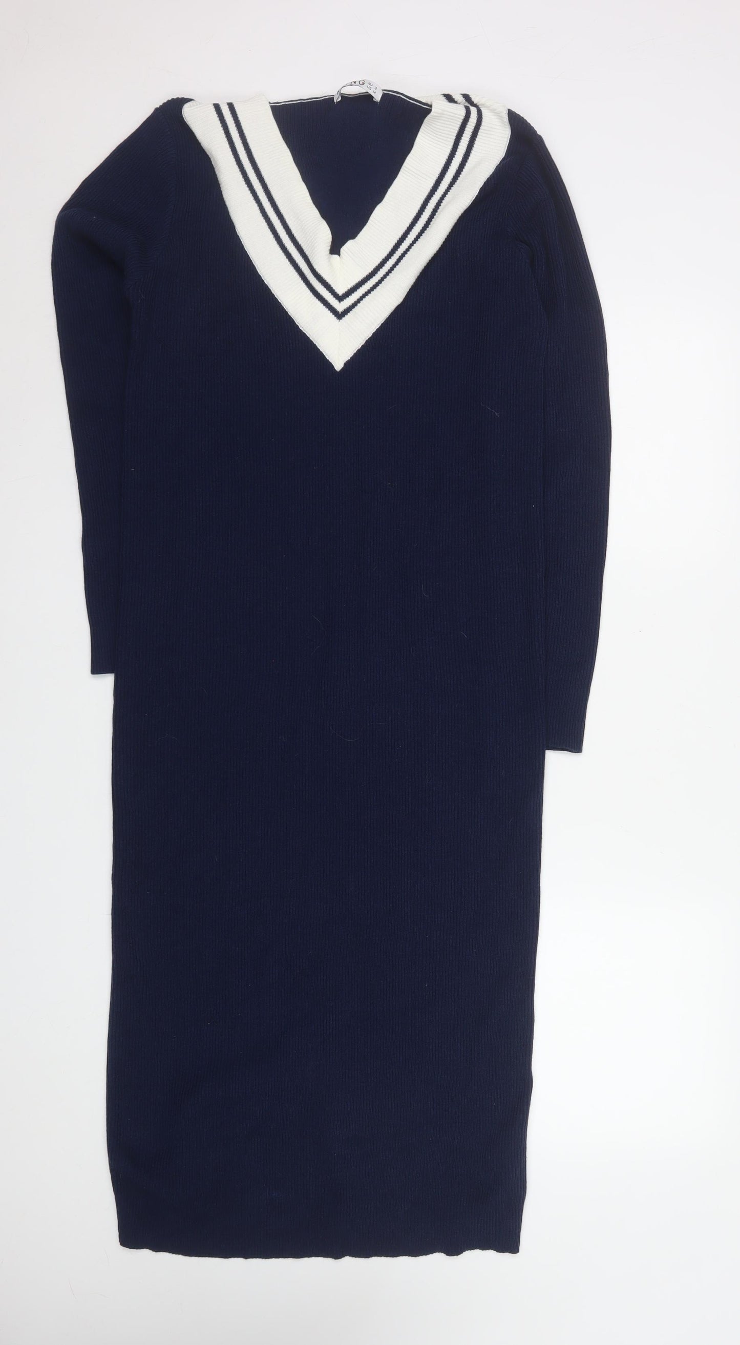 Kling Women Blue Size 12 Midi V-Neck Cotton Knit Sweater Dress