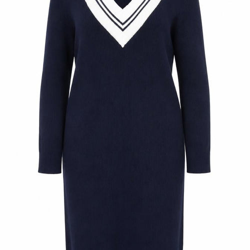 Kling Women Blue Size 12 Midi V-Neck Cotton Knit Sweater Dress
