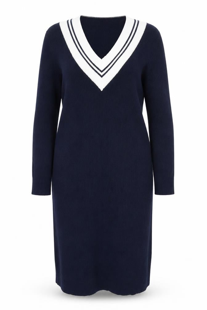 Kling Women Blue Size 12 Midi V-Neck Cotton Knit Sweater Dress