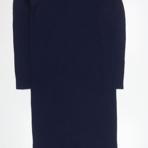 Kling Women Blue Size 12 Midi V-Neck Cotton Knit Sweater Dress