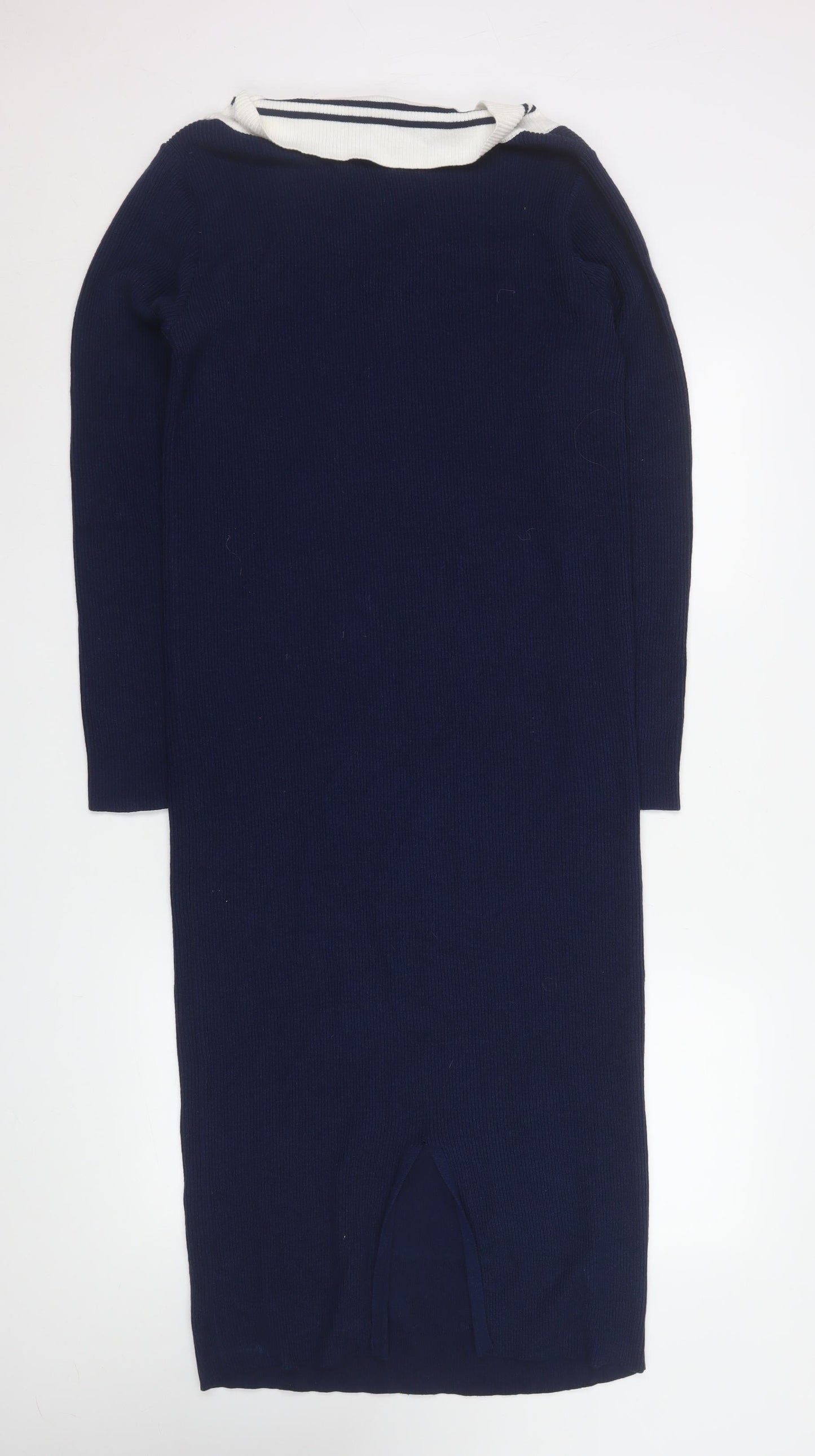 Kling Women Blue Size 12 Midi V-Neck Cotton Knit Sweater Dress