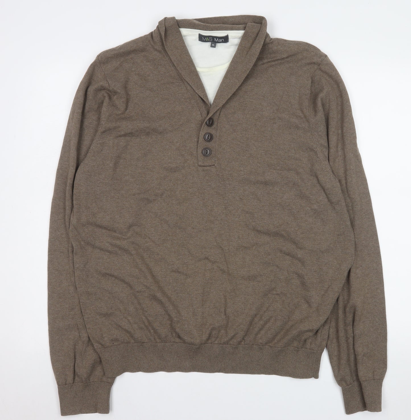 Marks and Spencer Men’s Beige XL Cotton Shawl Collar Knit Shirt