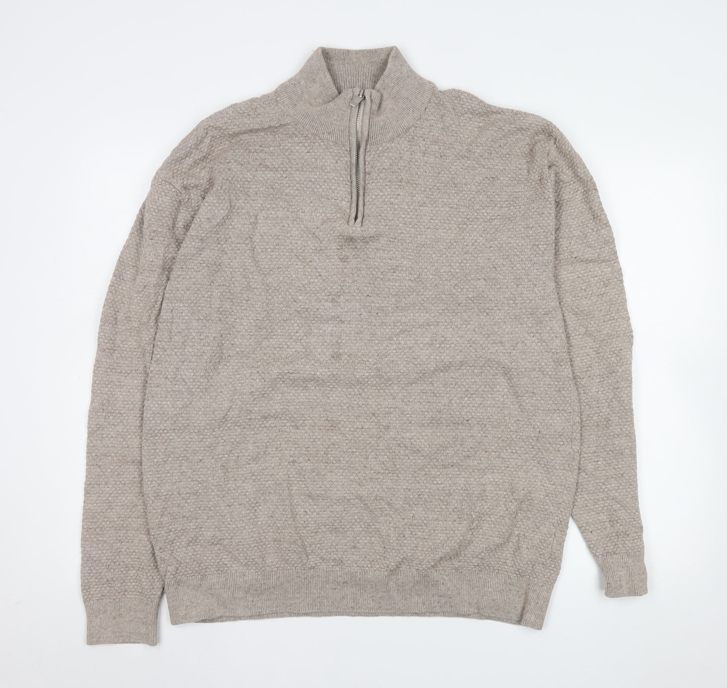 Next Men's Beige 1/2 Zip Cotton Knit Sweatshirt XL