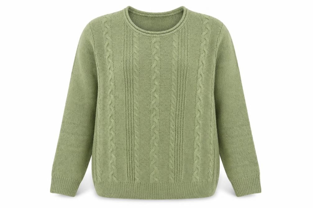 Front view of Isle Essentials Women's Green Cable-Knit Acrylic Jumper, size S, 10-12