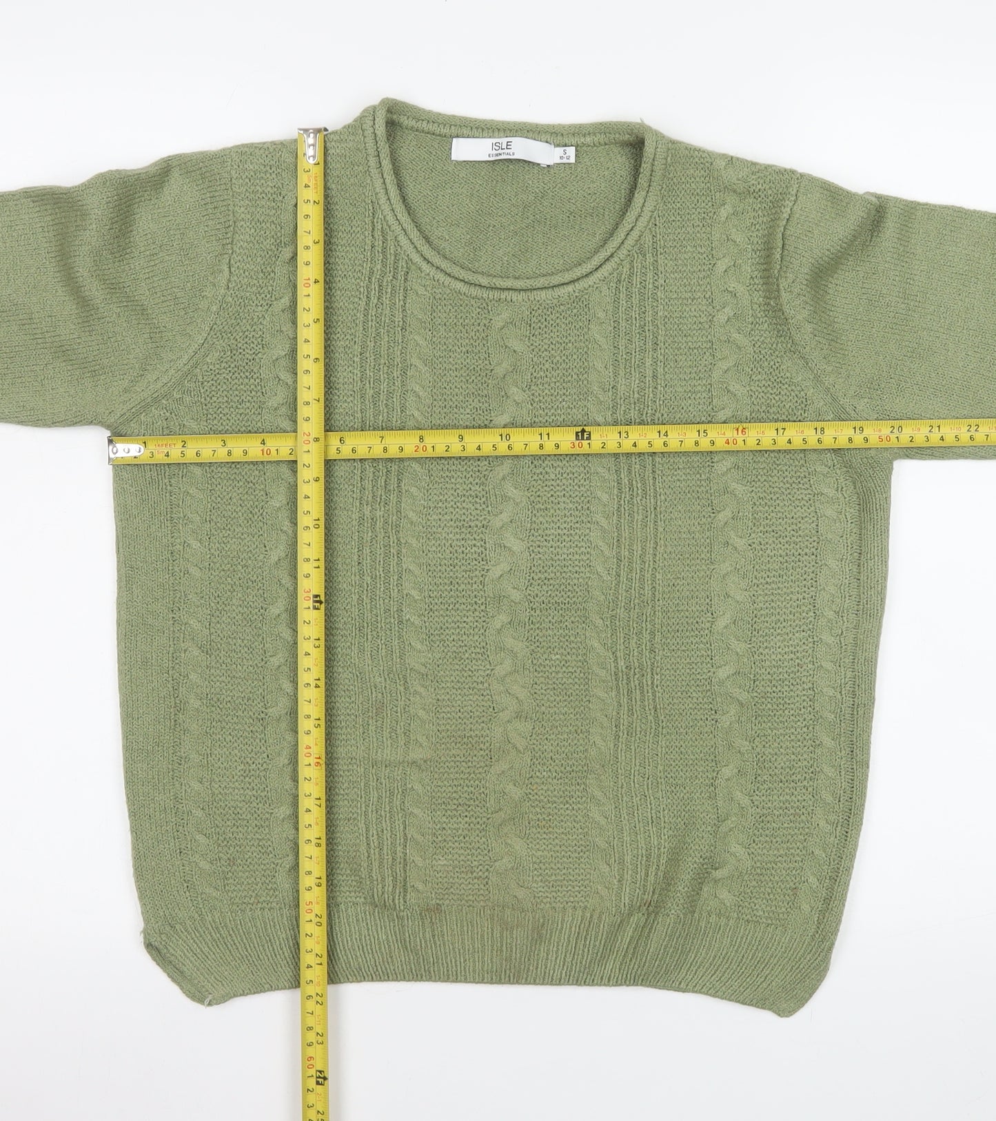 Isle Essentials Women's Green Cable-Knit Acrylic Jumper Size S 10-12