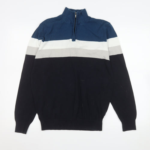 Peacocks Men's Blue Striped 1/4 Zip Cotton Sweatshirt Size M
