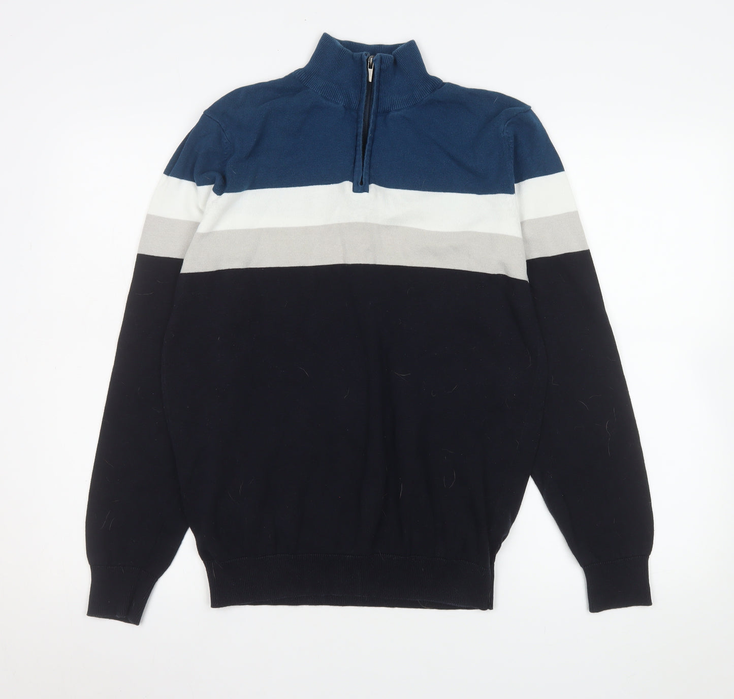 Peacocks Men's Blue Striped 1/4 Zip Cotton Sweatshirt Size M