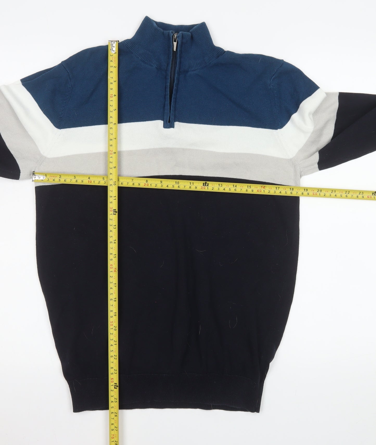 Peacocks Men's Blue Striped 1/4 Zip Cotton Sweatshirt Size M