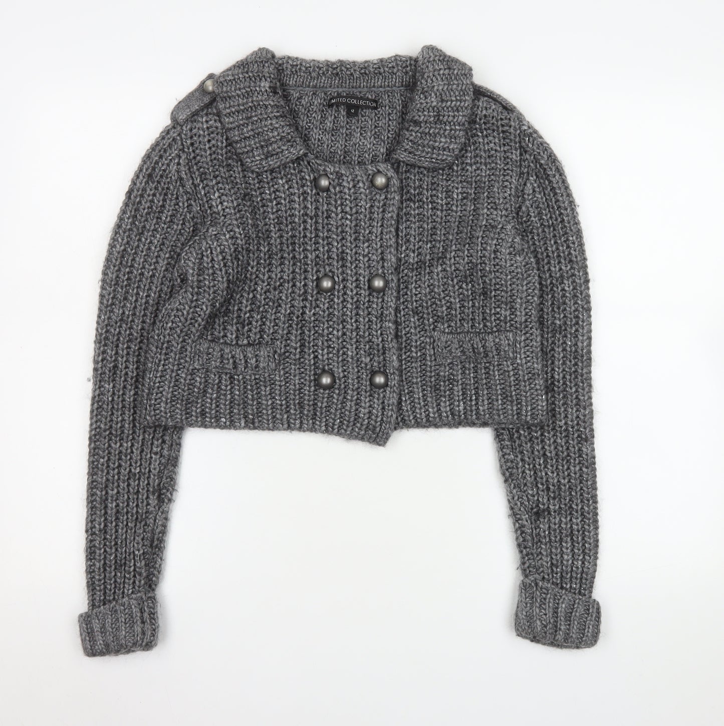 Marks and Spencer Women's Grey Chunky Knit Collared Cardigan UK 12