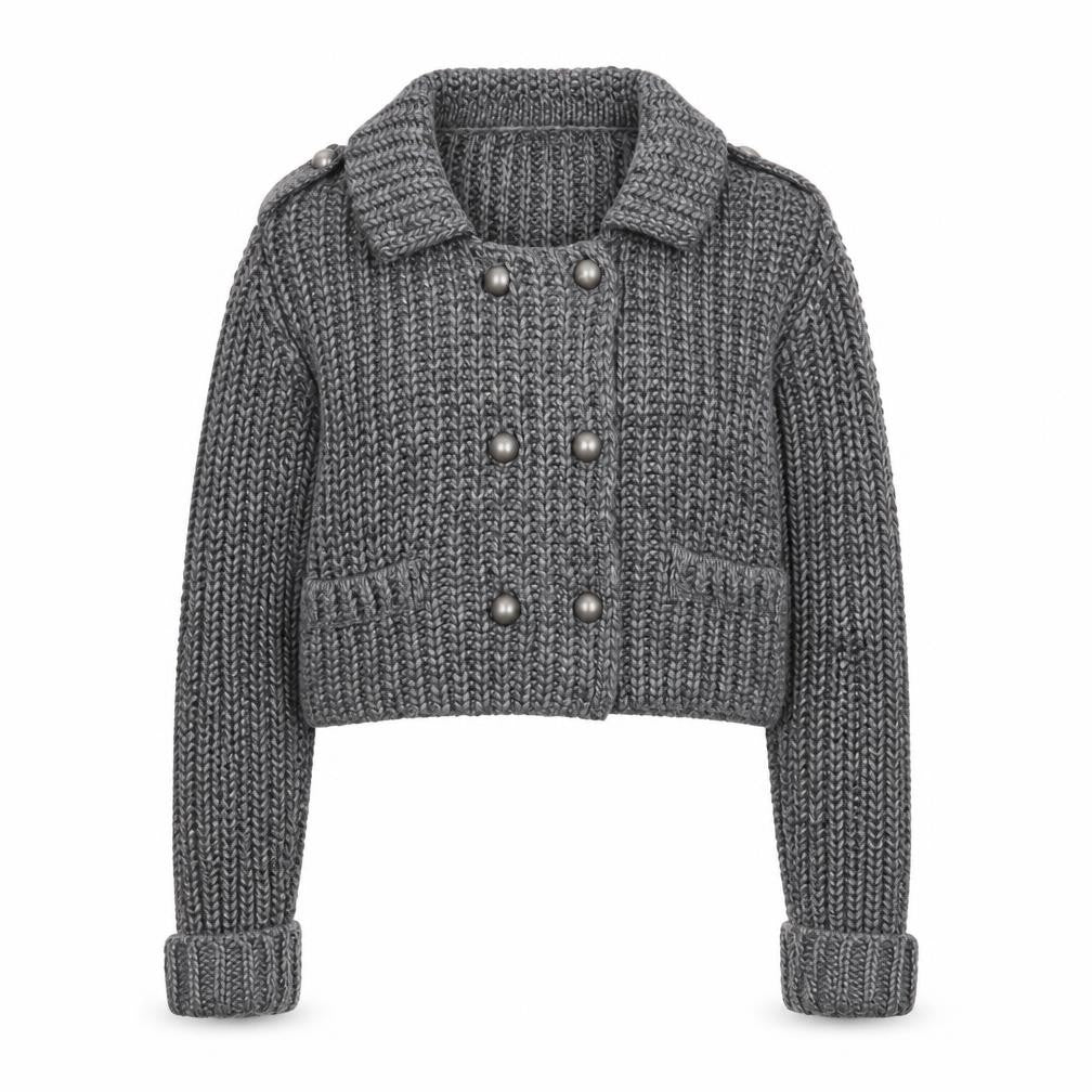 Front view of Marks & Spencer Women's Grey Chunky Knit Collared Cardigan UK 12