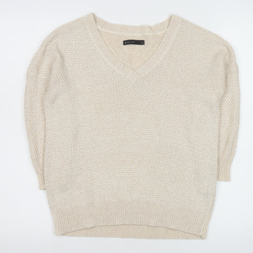 Mohito Women Beige Chunky-Knit V-Neck Pullover Jumper Size S