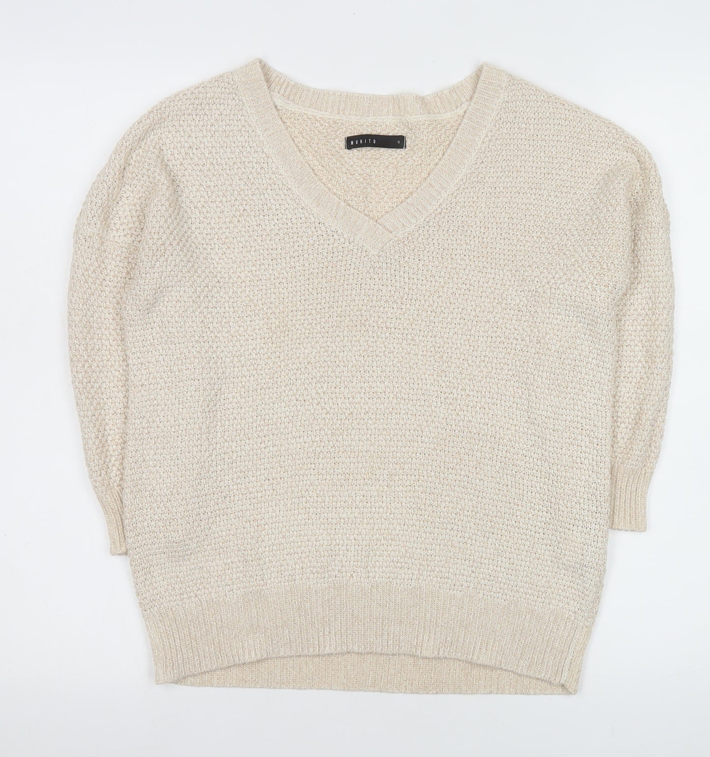 Mohito Women Beige Chunky-Knit V-Neck Pullover Jumper Size S