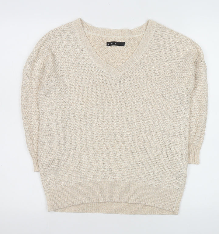 Mohito Women Beige Chunky-Knit V-Neck Pullover Jumper Size S