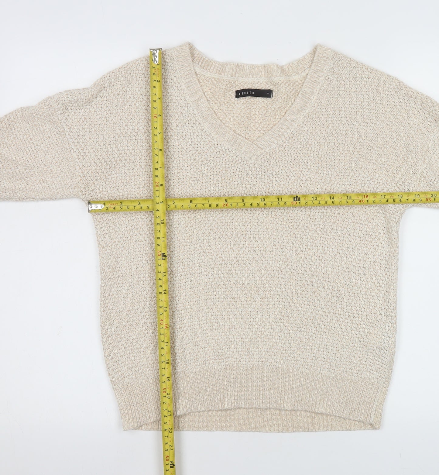Mohito Women Beige Chunky-Knit V-Neck Pullover Jumper Size S