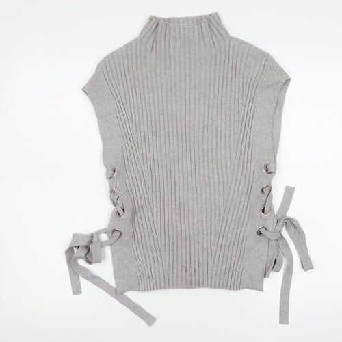 Karen Millen Womens Grey Sleeveless Knit High Neck Lace Up Blouse Size S