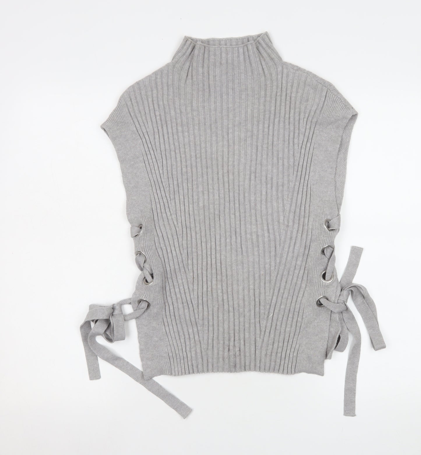 Karen Millen Womens Grey Sleeveless Knit High Neck Lace Up Blouse Size S