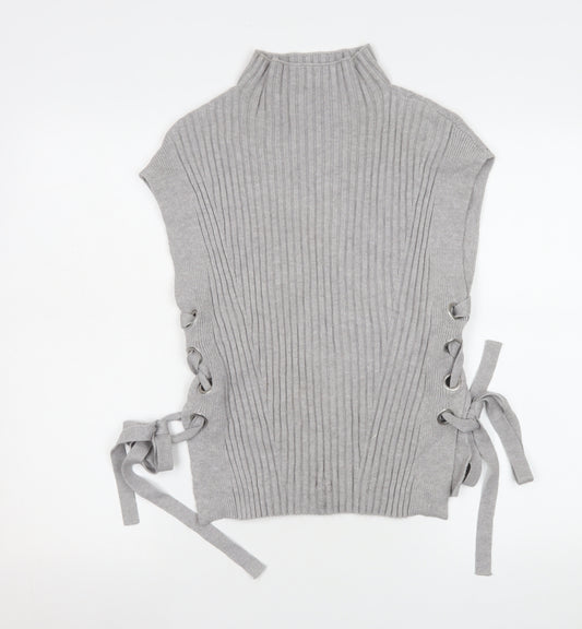 Karen Millen Womens Grey Sleeveless Knit High Neck Lace Up Blouse Size S
