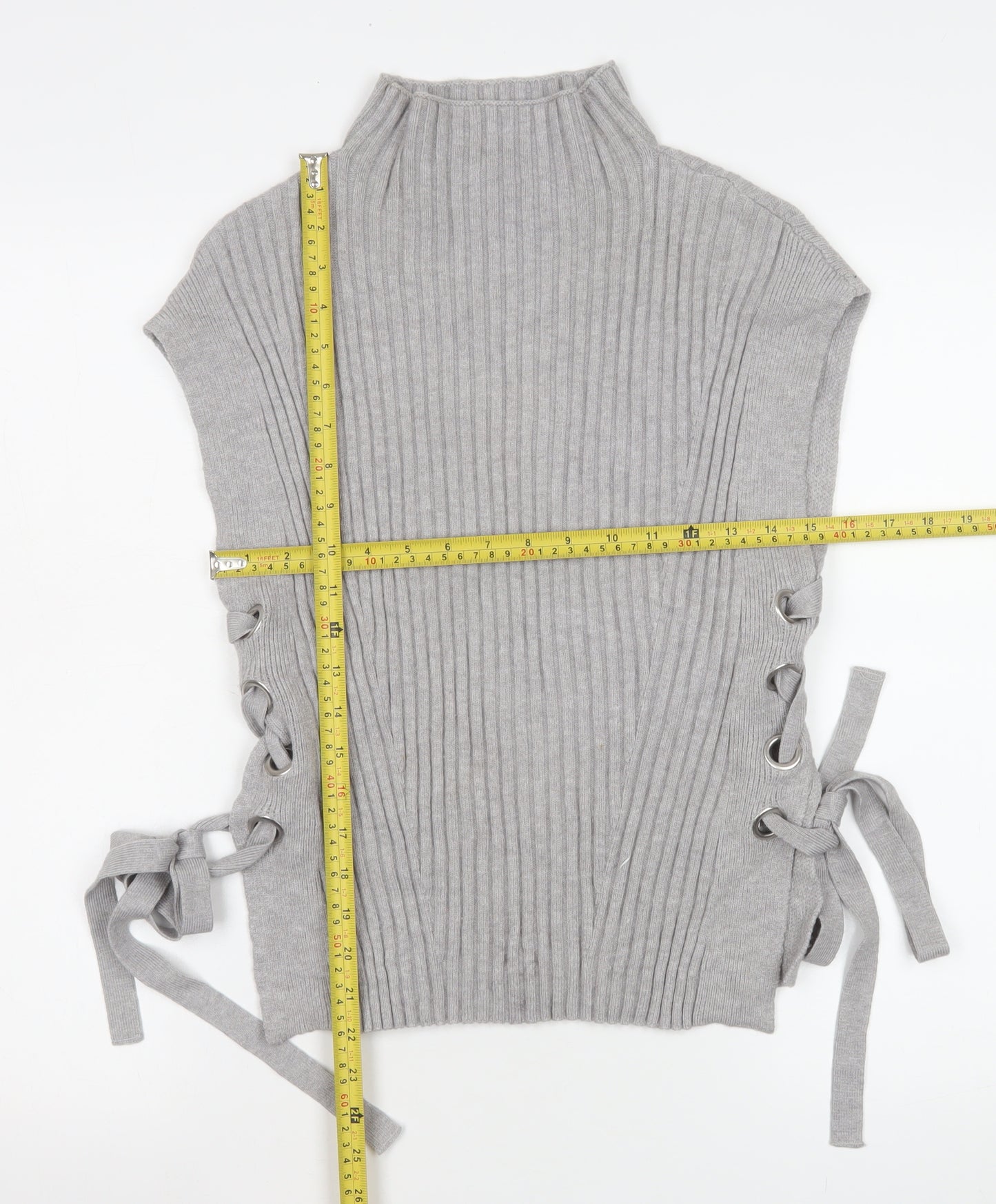 Karen Millen Womens Grey Sleeveless Knit High Neck Lace Up Blouse Size S