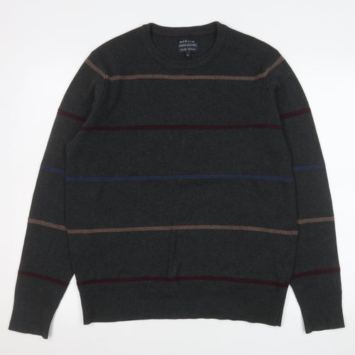 Howick Men's Grey Striped Cotton Crew Neck Jumper M