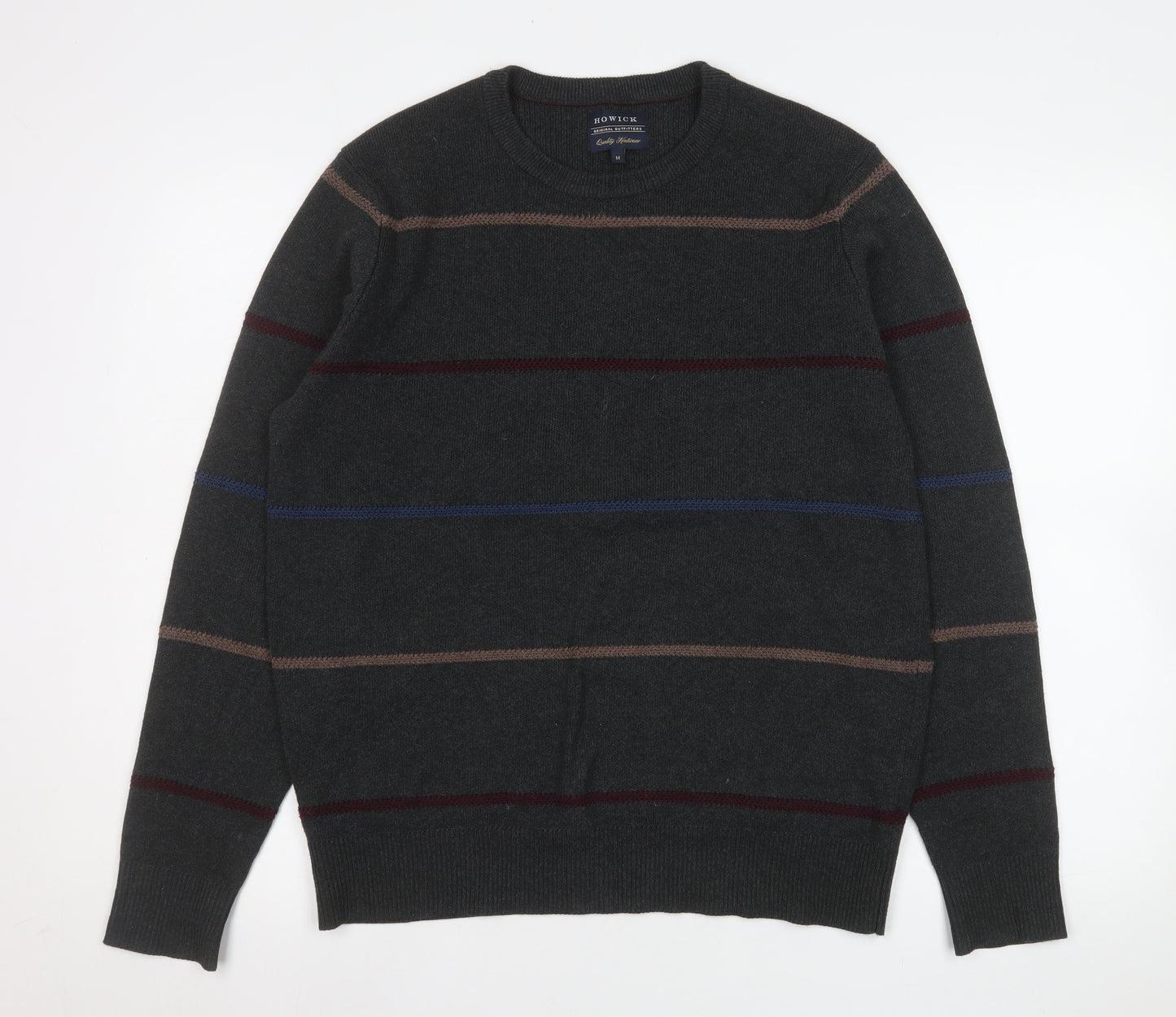 Howick Men's Grey Striped Cotton Crew Neck Jumper M