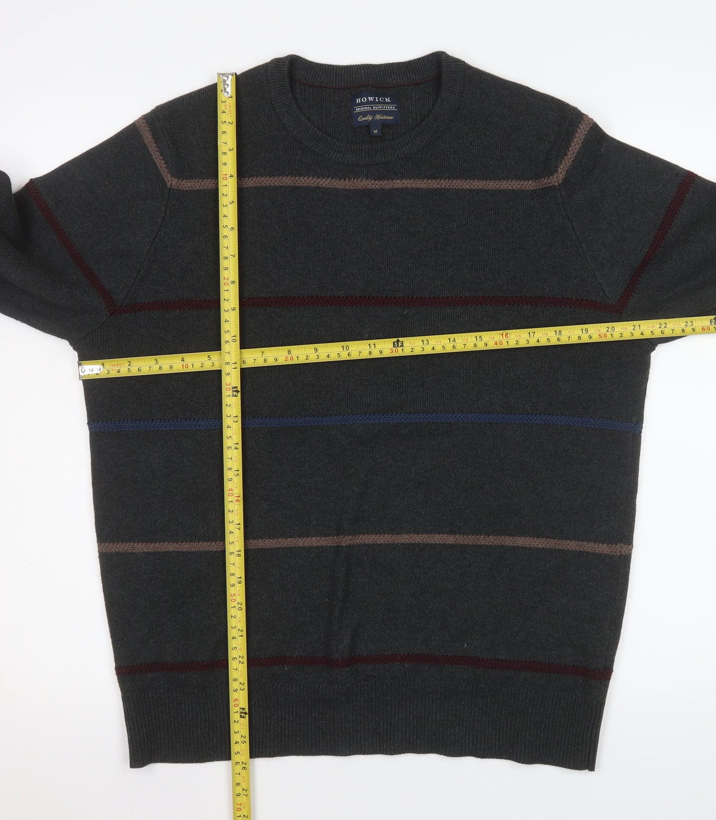 Howick Men's Grey Striped Cotton Crew Neck Jumper M