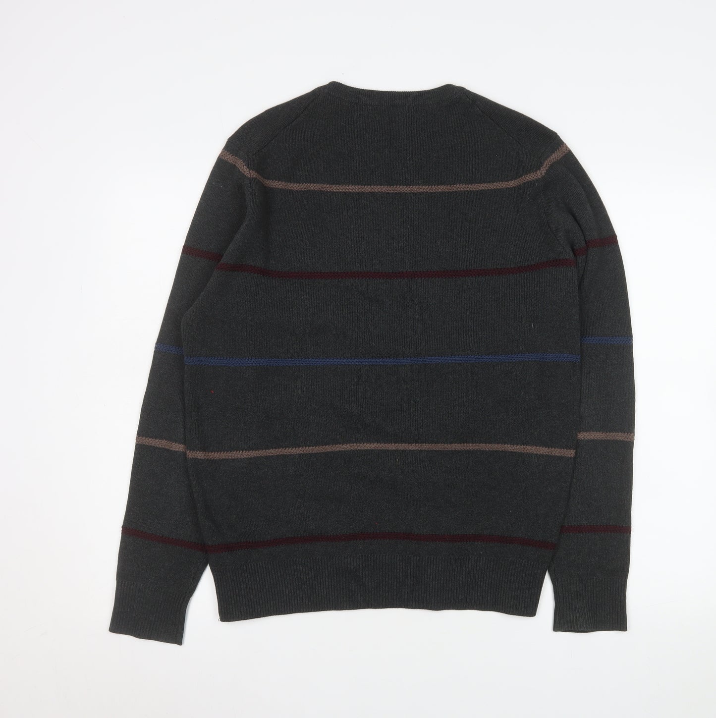 Howick Men's Grey Striped Cotton Crew Neck Jumper M